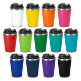 A collection of colourful coffee cups in various shades, featuring black lids and metallic bands. Each cup has a unique colour.
