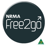 A 90mm black button badge featuring the NRMA Free2go branding and an Australian Made logo. A 90mm black button badge featuring the NRMA Free2go branding and an Australian Made logo.