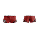 Rugby/AFL shorts in red with black accents and a logo, featuring a number on the side. Rugby/AFL shorts in red with black accents and a logo, featuring a number on the side.