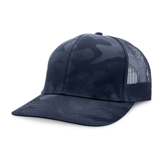 A navy camouflage trucker cap with a mesh back and a solid front panel. It features a curved brim and a logo.