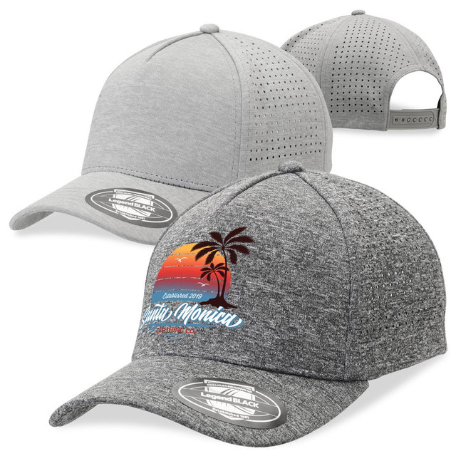A grey cap with a textured design, featuring a colourful graphic, and another grey cap with perforations at the back. A grey cap with a textured design, featuring a colourful graphic, and another grey cap with perforations at the back.
