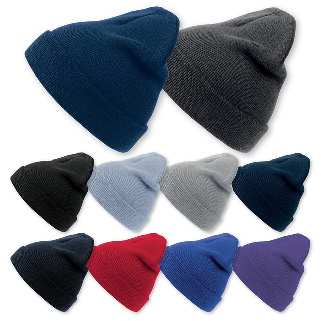 A collection of beanies in navy, charcoal, black, light grey, dark grey, red, blue, and purple, with one featuring a logo.