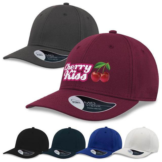 A collection of caps in black, dark grey, maroon, royal blue, and white, featuring a logo on the maroon cap.