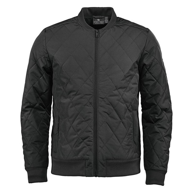 A black thermal jacket with a quilted pattern, featuring a front zip and ribbed cuffs and hem. Includes branding.