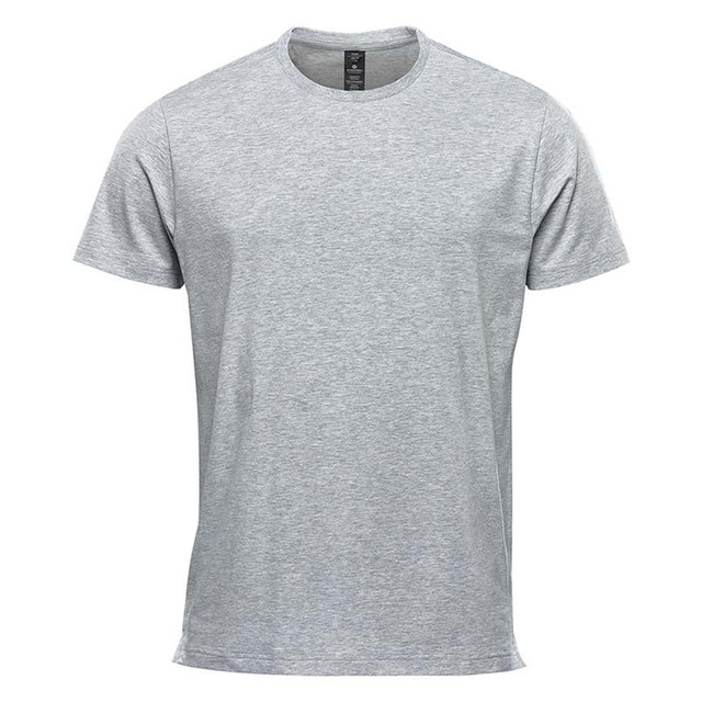 A grey short sleeve tee with a round neckline and a logo on the label. Suitable for casual wear.