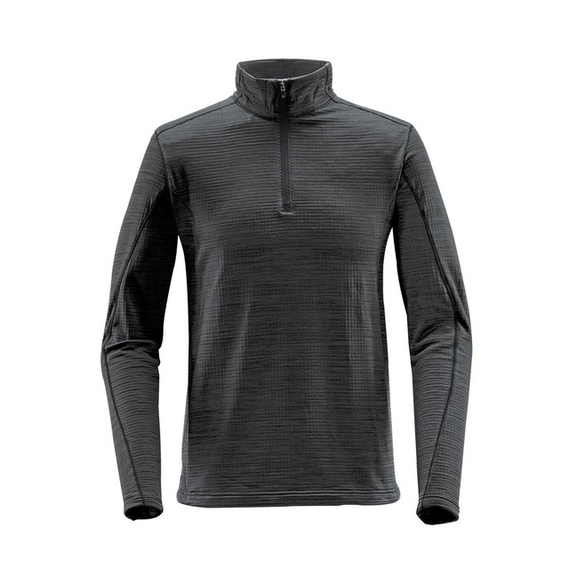 A men's thermal 1/4 zip jumper in black with a textured pattern and long sleeves. It features a zip neck and has a logo.