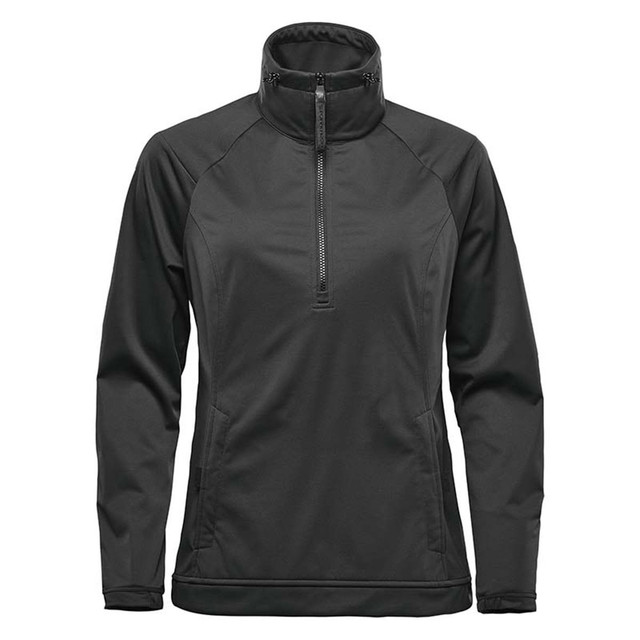 A black women's anorak jacket with a high collar and zip closure, featuring long sleeves and a sleek design.