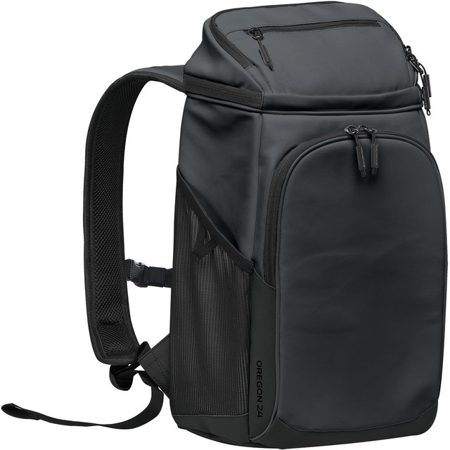 A dark green cooler backpack with multiple compartments and adjustable straps, featuring a side mesh pocket. A dark green cooler backpack with multiple compartments and adjustable straps, featuring a side mesh pocket.