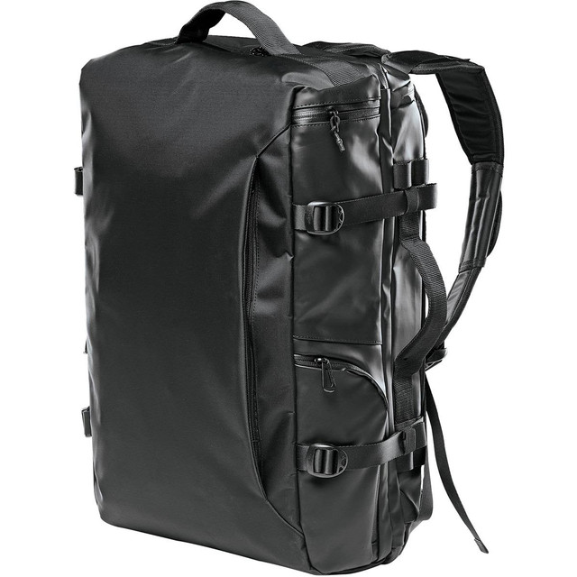 A black backpack with multiple compartments and straps, featuring a logo on the front. A black backpack with multiple compartments and straps, featuring a logo on the front.