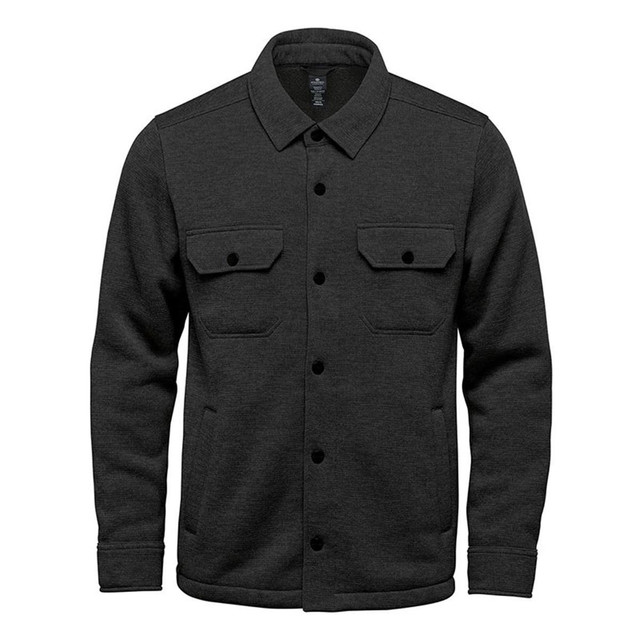 A unisex charcoal fleece shacket featuring a button-up front and two chest pockets. It has a simple logo on the label.