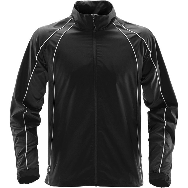 A black track jacket featuring white piping and a high collar. It includes a logo on the chest.