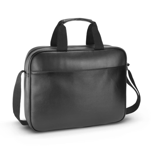 A black laptop bag with a sturdy handle and detachable shoulder strap features a front pocket and a smooth finish.