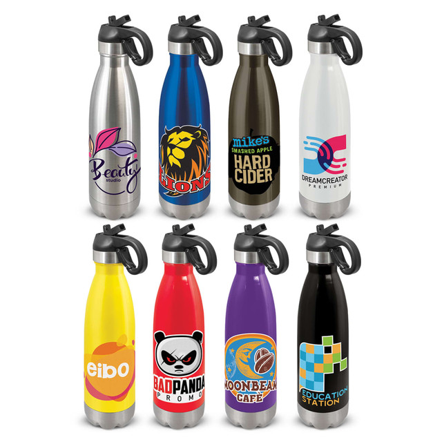 A drink bottle collection featuring various colours and designs, including silver, black, yellow, purple, and red with flip lids.