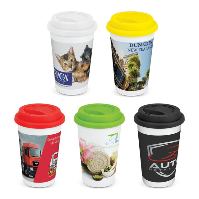 A set of five Aztec double wall coffee cups in white, yellow, red, green, and black, featuring various designs and a logo.