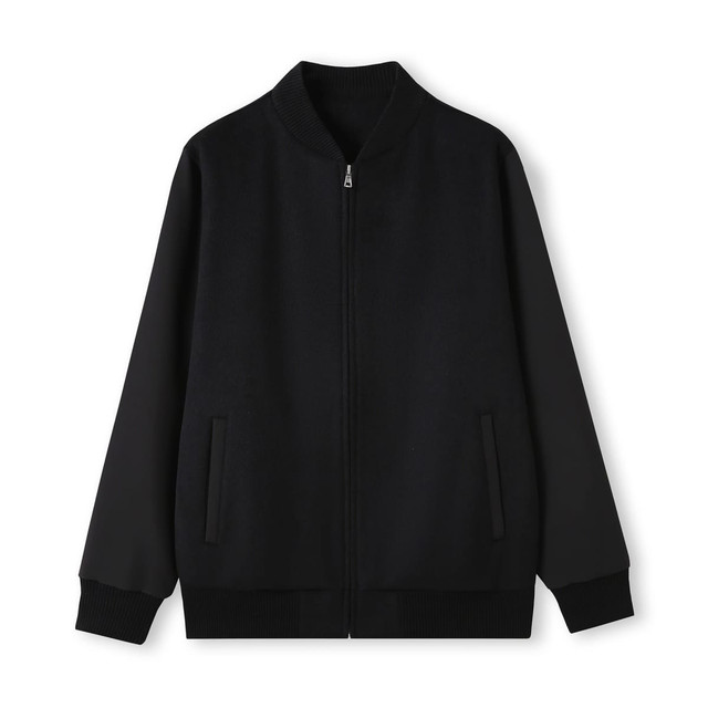 A black men's/unisex wool blend soft shell varsity jacket with a zip front and two side pockets.