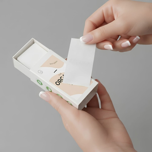 A hands hold a white box containing thin travel soap sheets, with one sheet being pulled out.