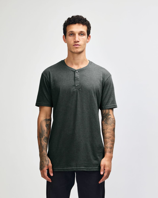 A unisex Henley T-shirt in a dark grey colour with a three-button placket and short sleeves. It features a logo.