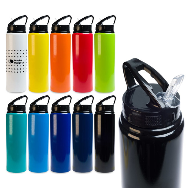 A drink bottle collection in various colours including white, yellow, green, orange, blue, and black, featuring a flip straw lid.