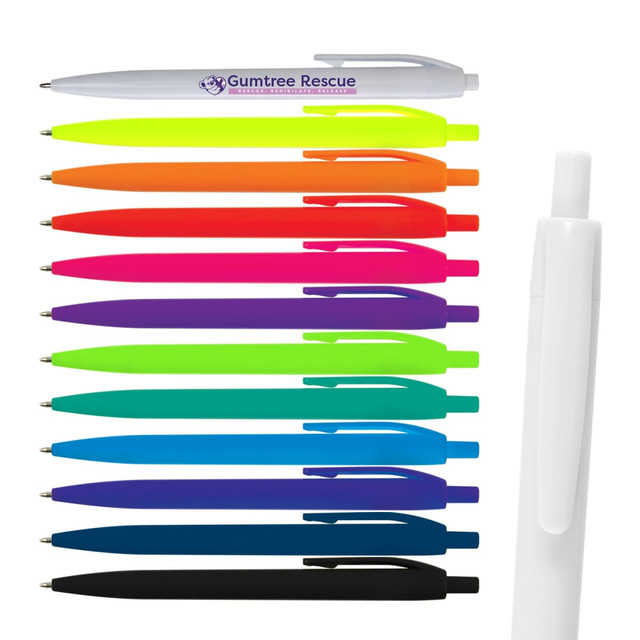 A collection of Javelin pens in various bright colours, including white and black, with a logo on one pen.