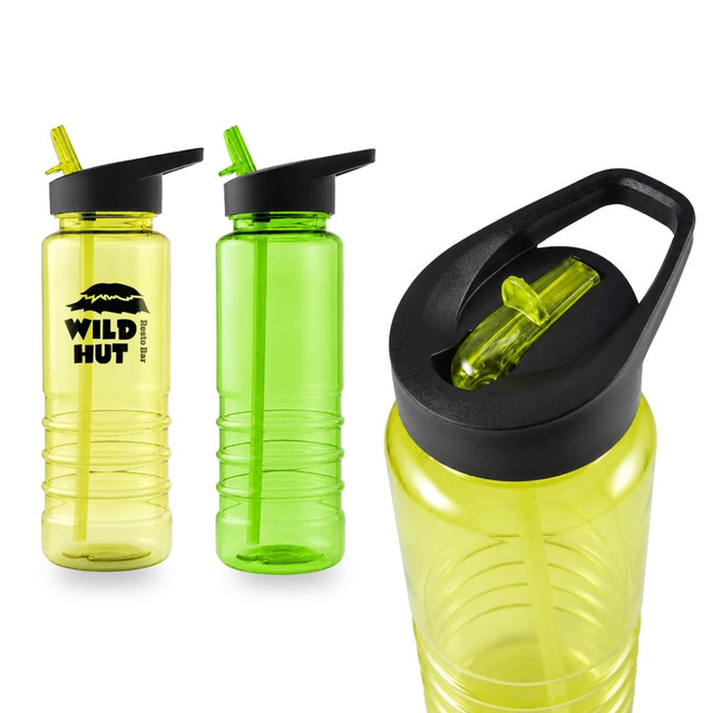A drink bottle featuring a black lid and straw, in bright yellow-green with a logo.