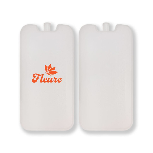 A white cooler brick with a logo design, featuring an orange floral motif on one side.