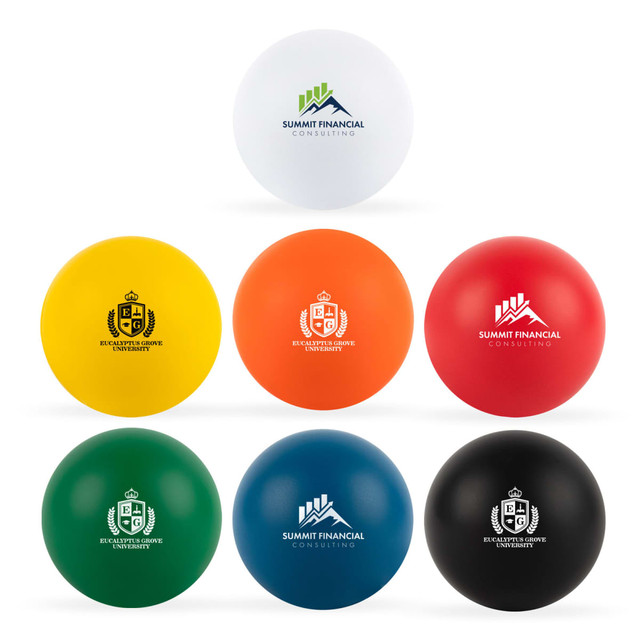 A set of round stress balls in white, yellow, orange, green, black, and red, featuring various logos. A set of round stress balls in white, yellow, orange, green, black, and red, featuring various logos.