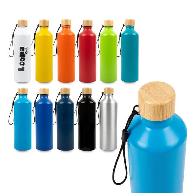 A drink bottle collection featuring various colours, including blue, black, red, and green, with a bamboo lid and a logo.
