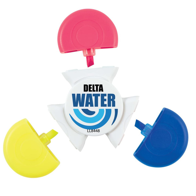 A Spinner Highlighter featuring four ends in red, yellow, blue, and a central white section with branding. A Spinner Highlighter featuring four ends in red, yellow, blue, and a central white section with branding.