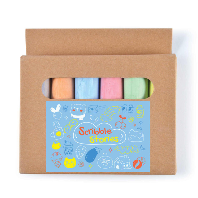 A box containing four pieces of pastel-colored chalk in pink, blue, green, and yellow, with a logo on the packaging. A box containing four pieces of pastel-colored chalk in pink, blue, green, and yellow, with a logo on the packaging.