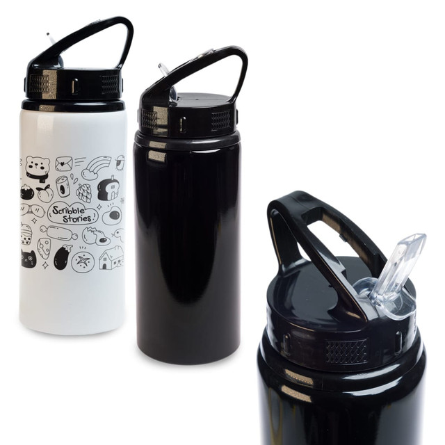 A drink bottle featuring a flip straw lid, available in white with graphics and black, in a sleek design.
