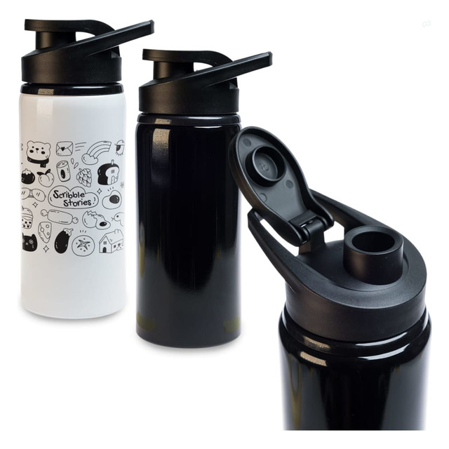 A drink bottle featuring a white body with colourful designs and a black bottle with a black free flow lid.
