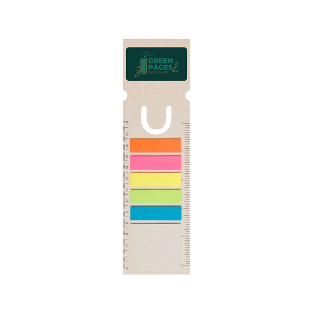 A bookmark shaped like a milk carton in pastel colours with a ruler and a logo at the top.