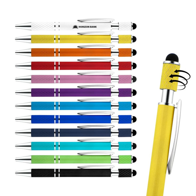 A collection of Elara Spinner Pens in various colours, featuring a textured grip and a logo.