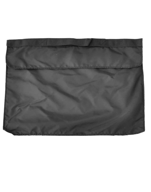 A black satchel with a flap and a strap. The material appears durable and lightweight.