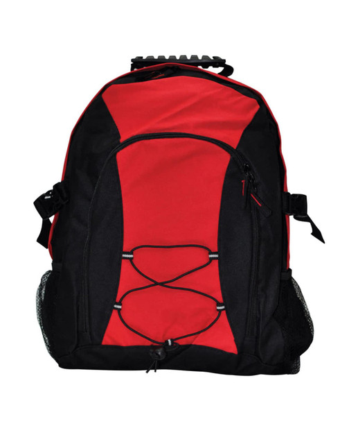 A red and black backpack featuring a mesh side pocket and bungee cord design, with adjustable straps and a logo.