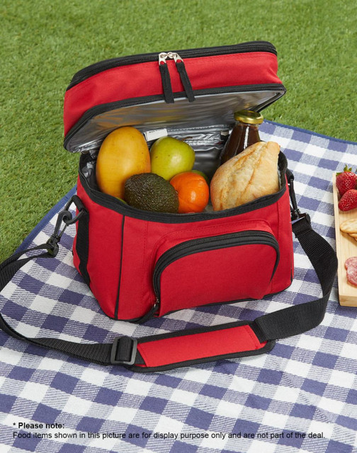 A black travel cooler bag with a zippered top, carrying handle, and adjustable shoulder strap. It features a front pocket.