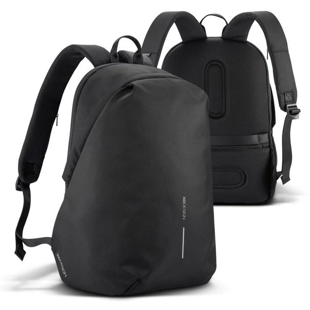 A black backpack with a sleek design, featuring padded straps and a textured back panel, has a logo.