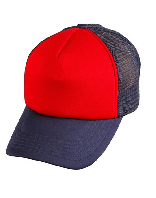 A red and navy trucker cap featuring a mesh back and a structured front panel. It has a branding logo.