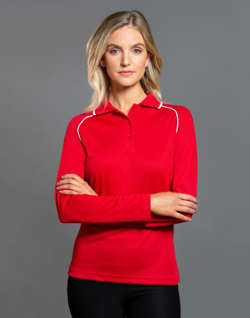 A red long-sleeve polo shirt with a white trim and a logo on the chest area.