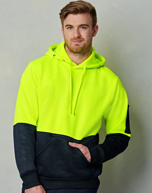 A bright yellow and navy two-tone kangaroo pocket hoodie with a hood and a logo on the sleeve.