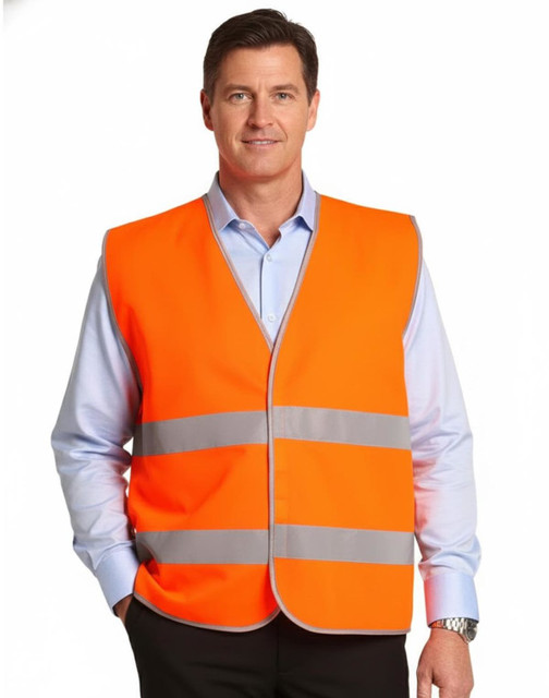 An orange hi-vis safety vest with reflective tapes worn over a light blue shirt and black trousers. It features a logo.