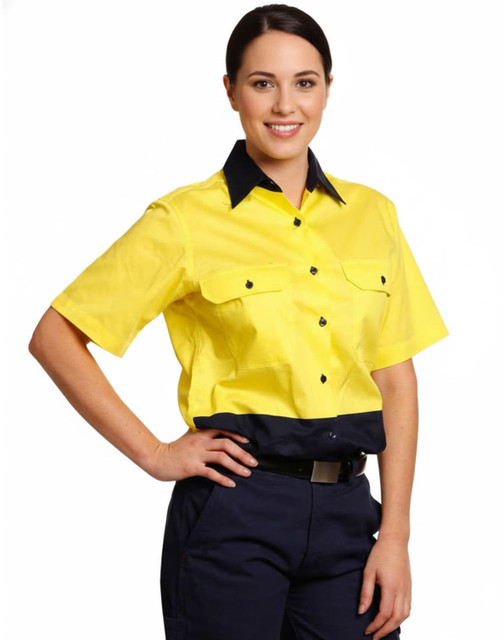 A women's short-sleeved safety shirt in bright yellow and navy blue, featuring a collar and small pockets.