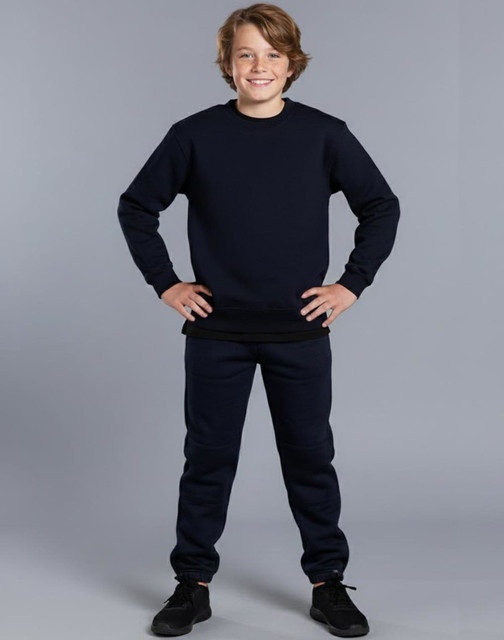 Kid's black fleecy trackpants with zip, cuffs, knee padding, and pockets, featuring a logo.