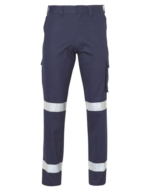 Long fit drill pants in navy blue with reflective 3M tapes and side pocket on leg. Features logo branding.
