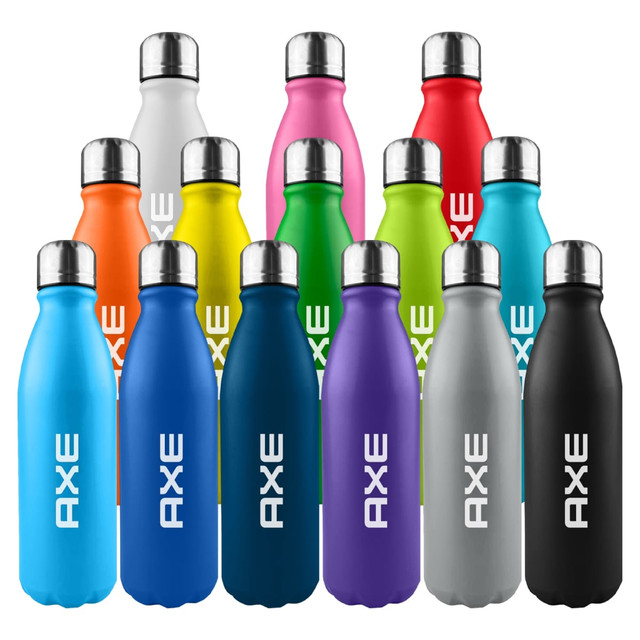 A drink bottle featuring a shiny aluminium body with various colours, including blue, pink, green, and black, and a silver lid.