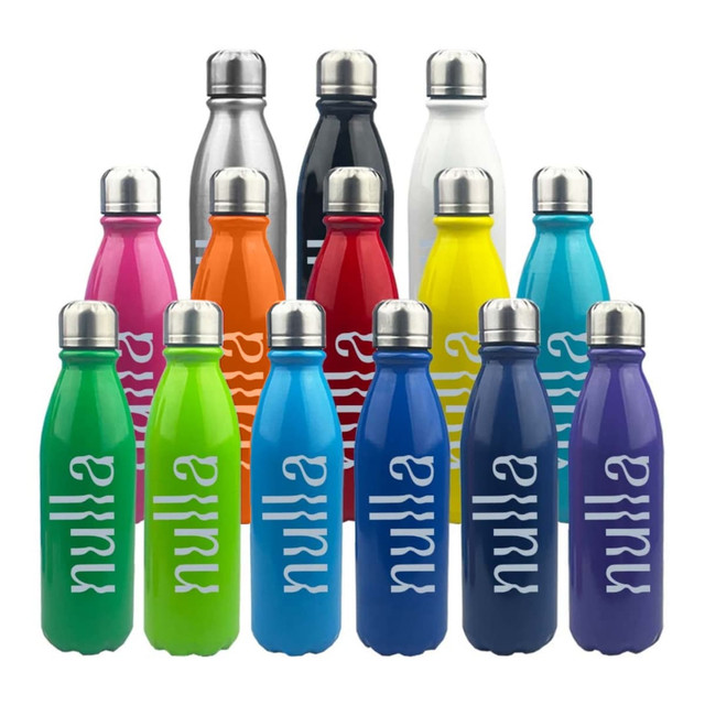 A drink bottle collection featuring various colours, including pink, green, blue, yellow, and white, with a logo on each.
