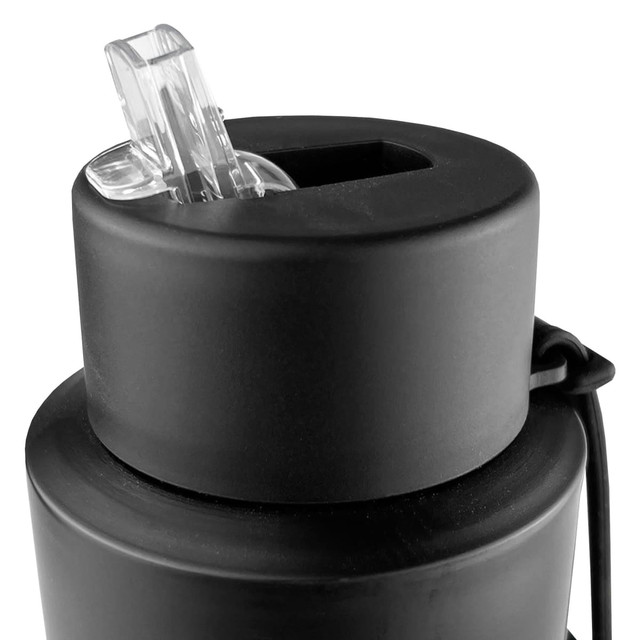 A drink bottle in matte black featuring a transparent spout and a secure closure mechanism.
