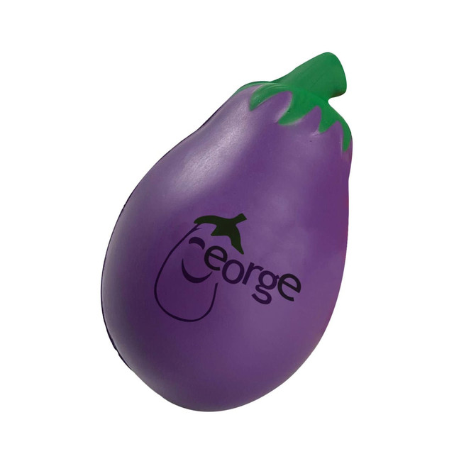 A purple stress eggplant with a green stem and a logo on the side. A purple stress eggplant with a green stem and a logo on the side.