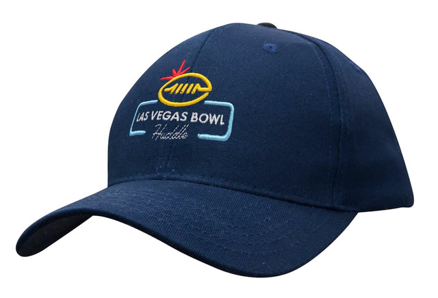 A navy blue cotton twill cap with an embroidered logo and adjustable strap at the back.