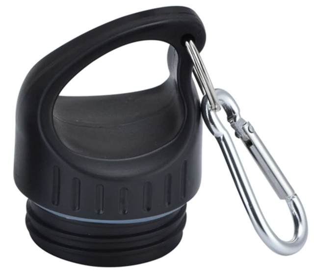 A black drink bottle lid with a handle and a silver carabiner attachment. A black drink bottle lid with a handle and a silver carabiner attachment.